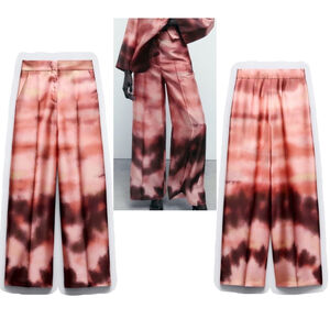 Zara NWOT pink Ombre tie-dye satin effect high waisted wide leg trouser pants￼